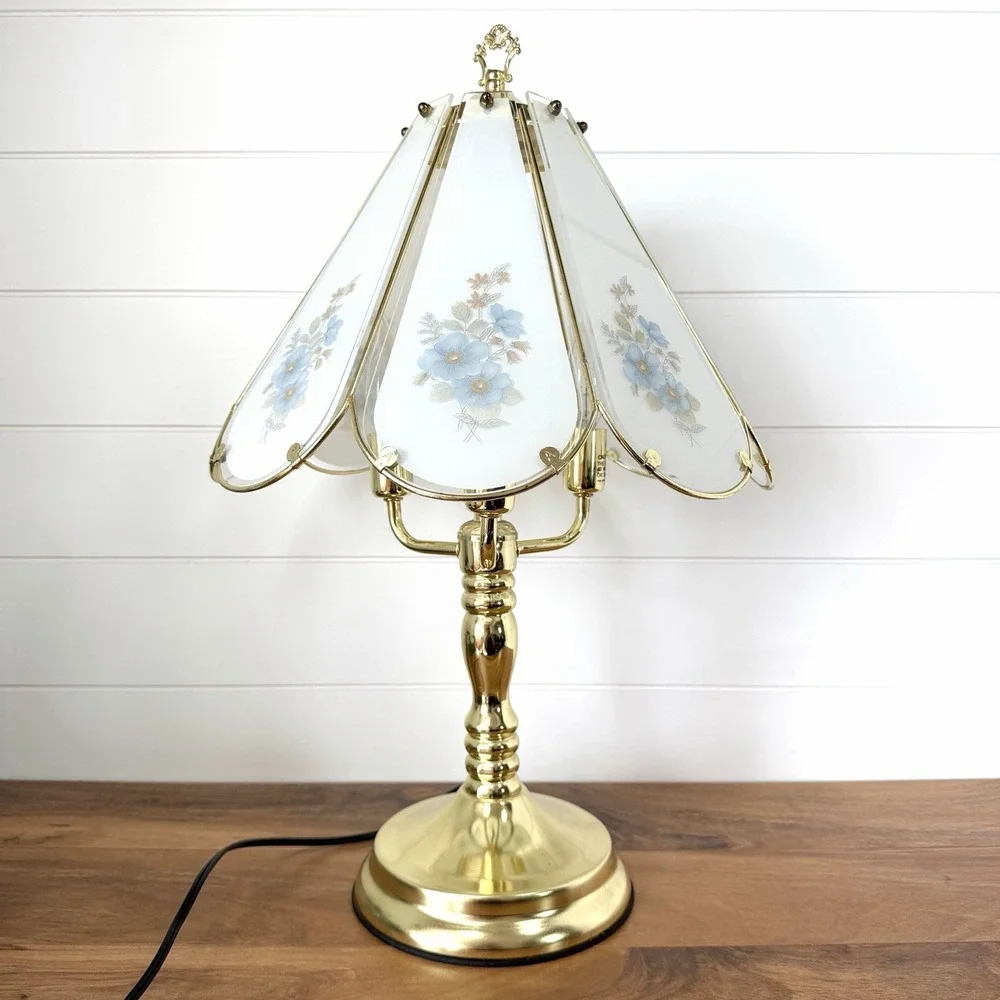 Vtg 3 Way Touch Lamp Brass Floral Glass Panel 90's Y2K Cottagecore Retro WORKS